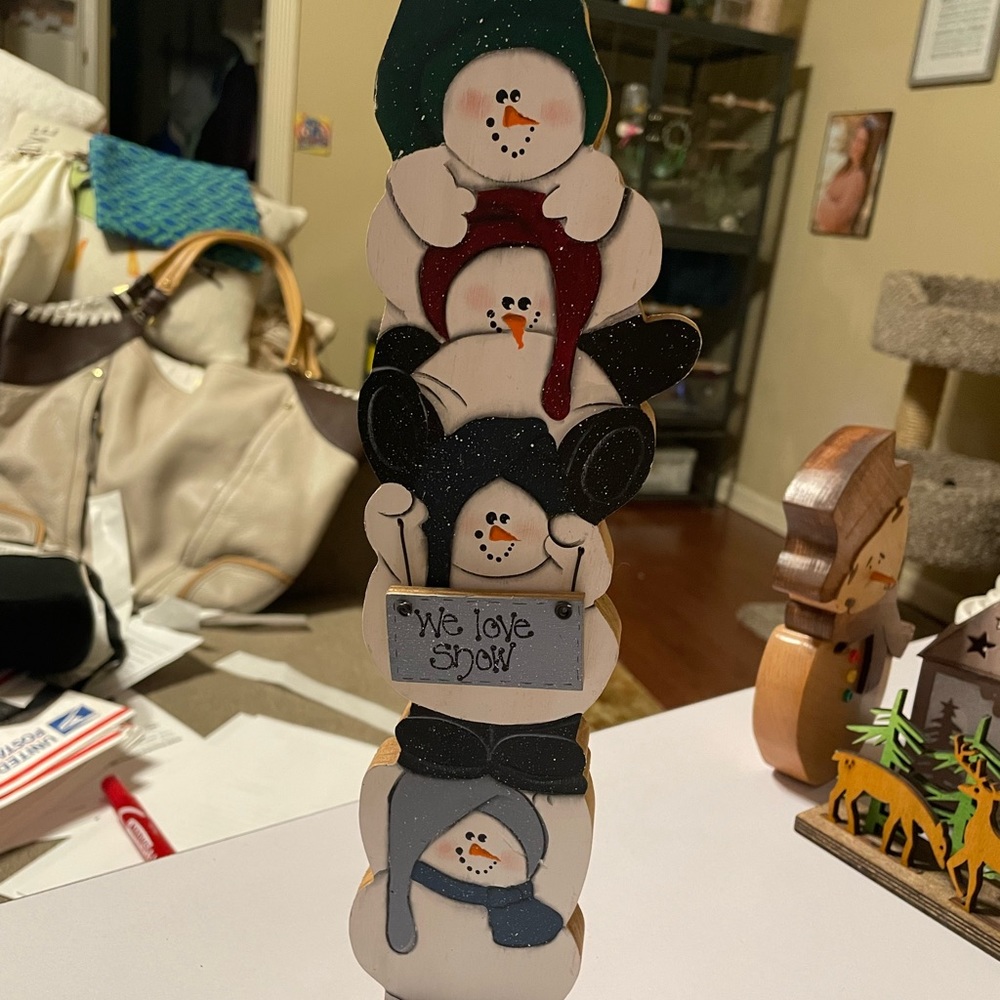 Multi Tier Snowman We Love Snow Wooden Statue Decor - Picture 7 of 8